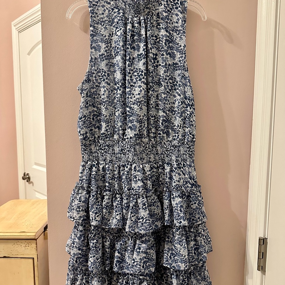 Blue and White Tiered Sleeveless Dress